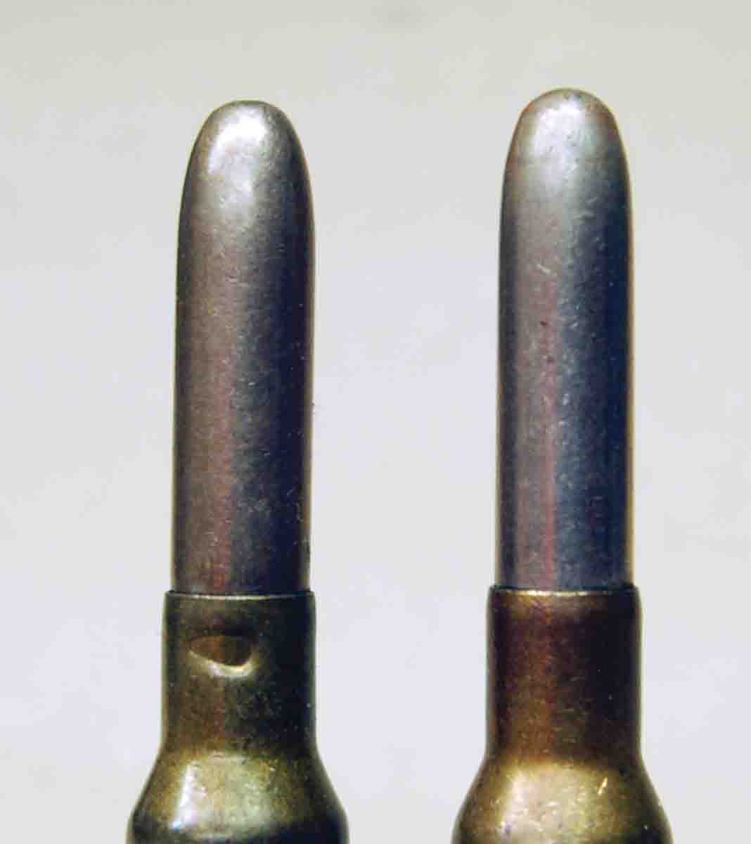 In 1907 a strange, three-point stab crimp was placed on the case neck (left) of the 6.5 Carcano. It became a standard case mouth crimp (right) before World War II.